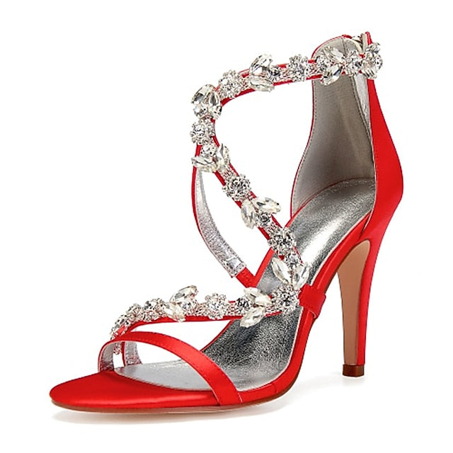 Pink Rhinestone Women's Heel Satin Floral High Sandals with FashionChic