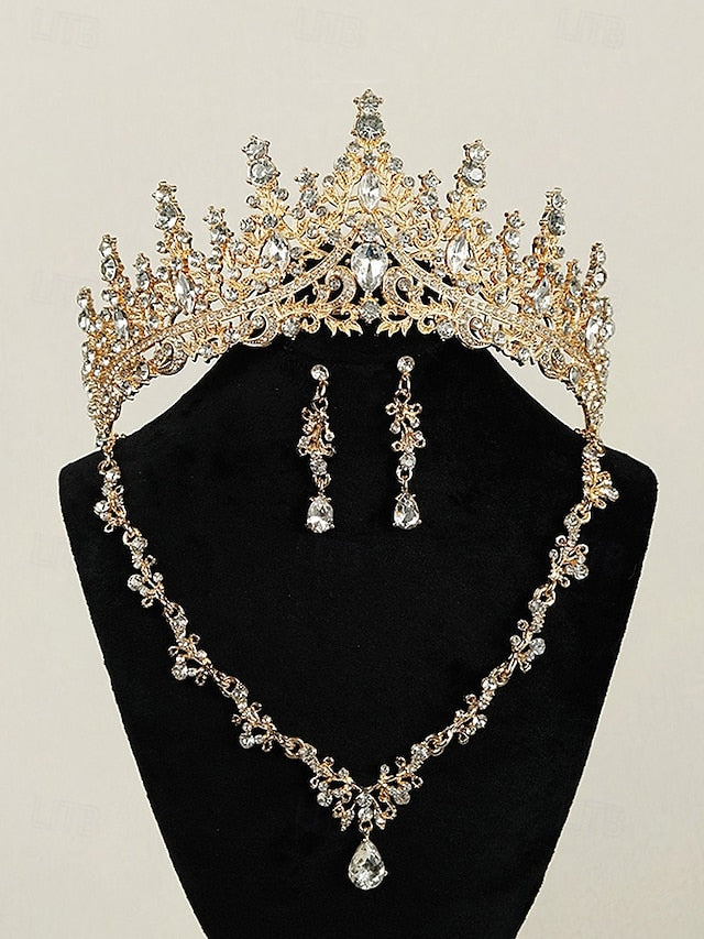 Crown Tiara and Necklace – Sparkling Diamond Set Gold-Plated FashionChic