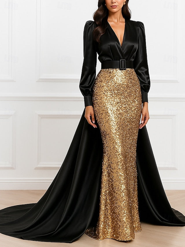 Black A-Line Wedding Evening Formal Gold Elegant Gown Dress FashionChic