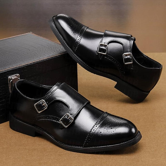 Double Men's Shoes Monk Strap Faux Brown with Dress Leather FashionChic