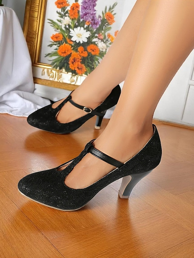 Vintage Women's Lace Heel Mid Ivory T-Strap Pumps-1920s FashionChic