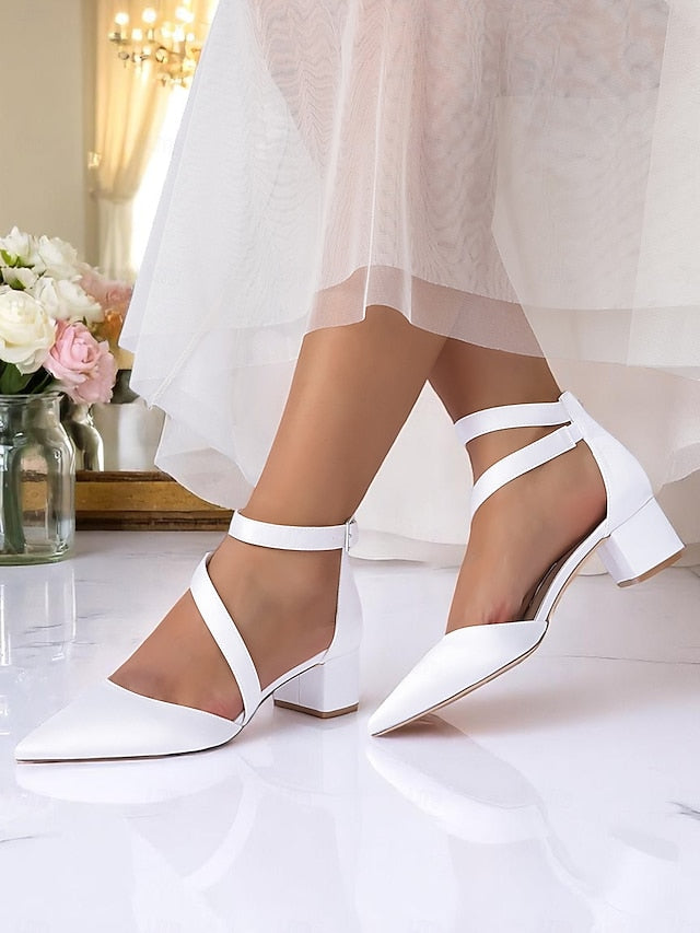 Women's Champagne Pointed Block Heels Satin Toe - FashionChic