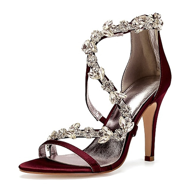 Pink Rhinestone Women's Heel Satin Floral High Sandals with FashionChic