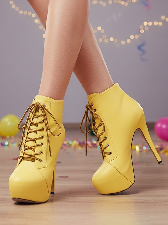 Beige Platform Ankle Lace-Up - Faux Women's Boots Leather FashionChic