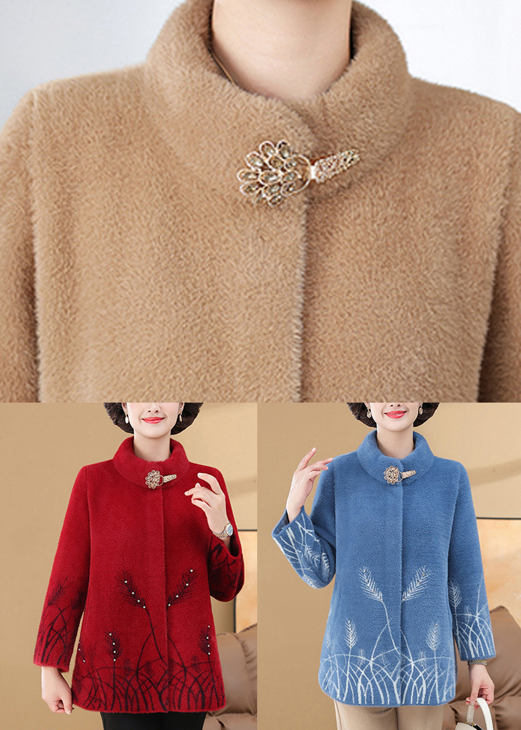 omen Blue Print Pockets Mink Velvet Coats Spring TA035