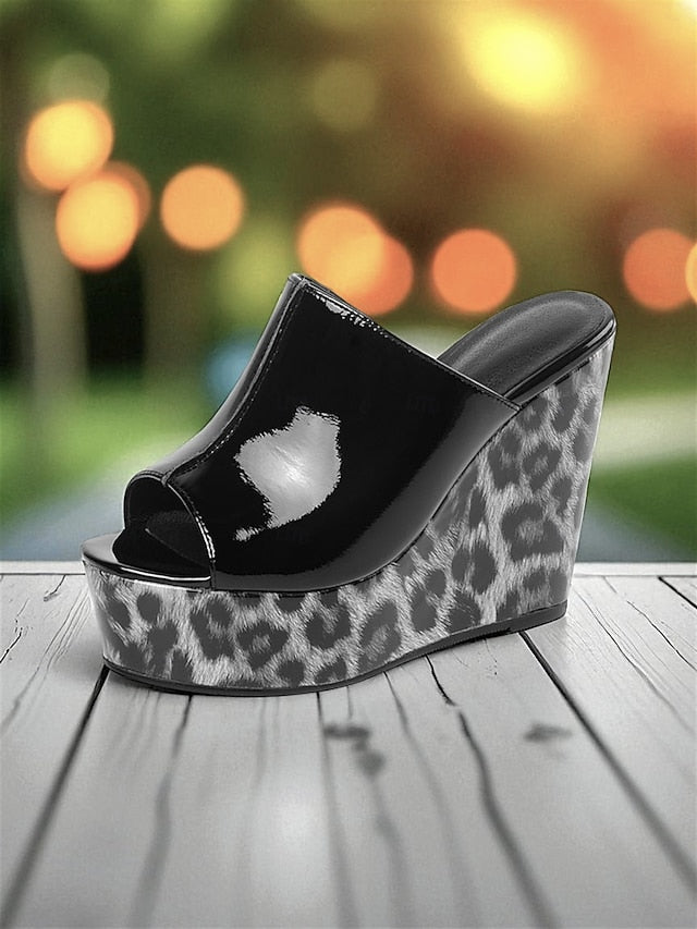 - Wedge Leather Sandals Toe Peep Leopard Red Women's Patent FashionChic