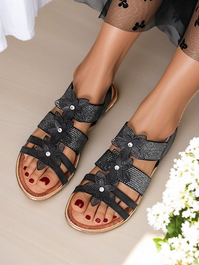 Sandals Women's Rhinestone Floral – Flat Elegant Beige FashionChic