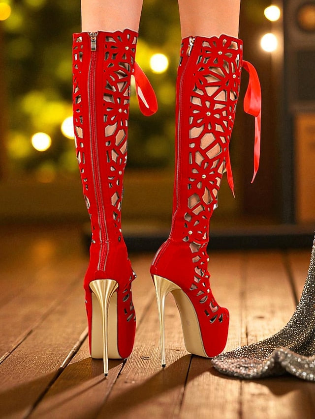 Sexy Stiletto Cutout High Peep Knee Platform Boots Women's FashionChic