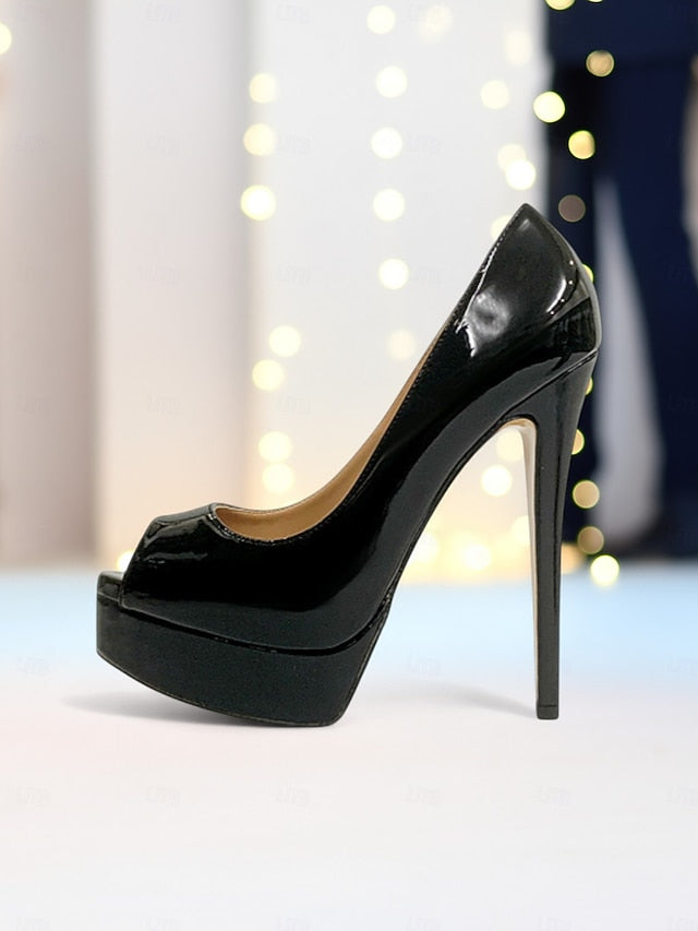 High Platform Black Patent Heels Peep Toe Leather Women's FashionChic