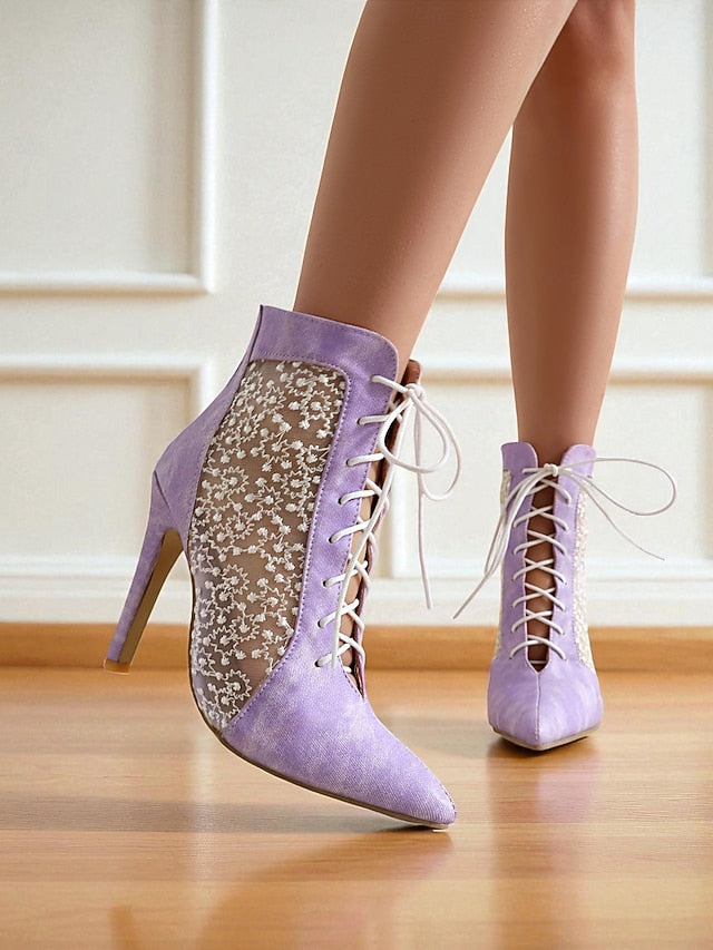 Women's Mesh Booties Ankle Lace Stiletto White Heels with FashionChic