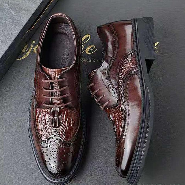 Brogue Leather Crocodile - Brown Men's Shoes Oxford FashionChic