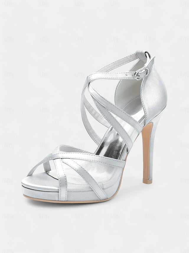 Heel Cross White Sandals - with Satin High Straps Perfect Bridal FashionChic