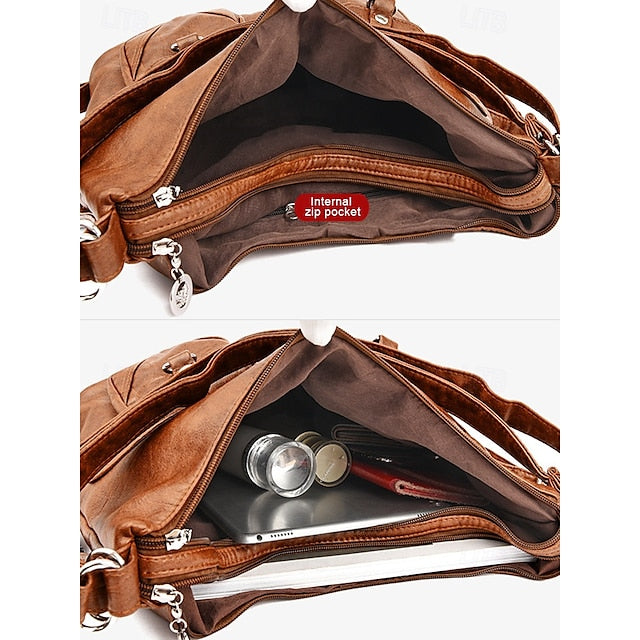 Brown Leather Women's Bag Multiple Faux Pockets with Hobo FashionChic