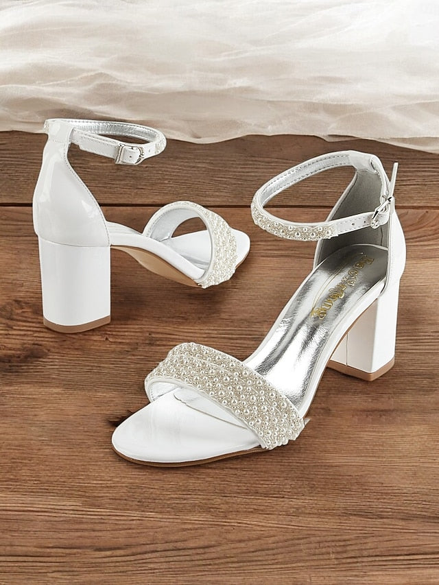 Strap Ivory Pearl-Embellished for Open-Toe with Heels Ankle FashionChic
