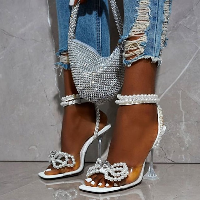 Sandals High Women's Clear Pearl-Embellished – Heel FashionChic
