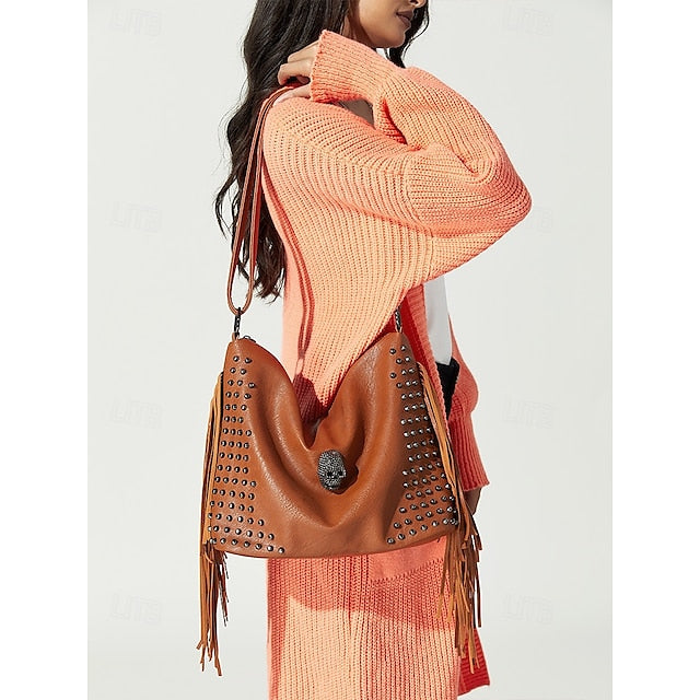 - Brown Leather Boho Studded Bag Women's Hobo Skull Fringe FashionChic