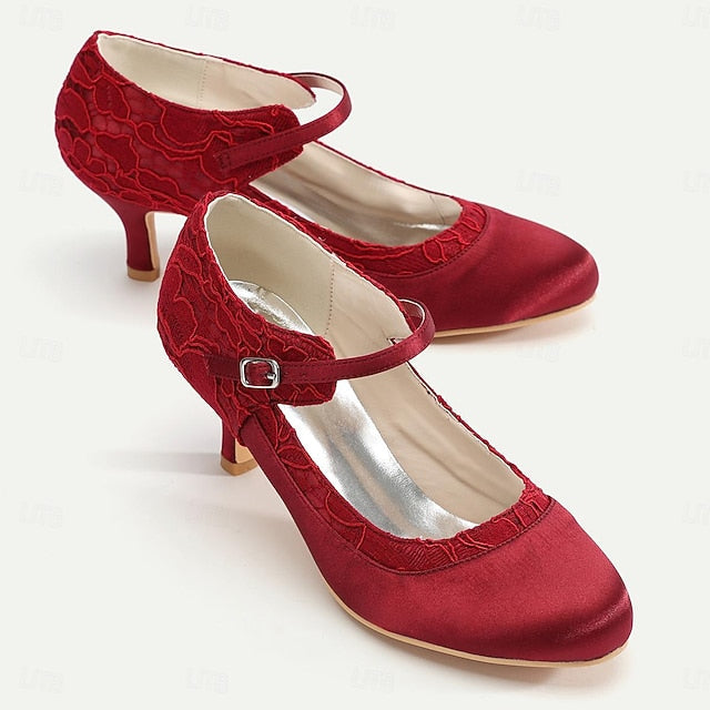 Heels Mid-Heel Satin Women's Lace - Elegant Comfortable Red FashionChic