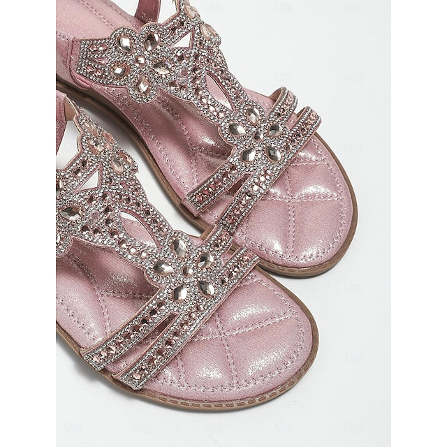 T-Strap Sandals Women's Silver Boho Rhinestone Flat – FashionChic