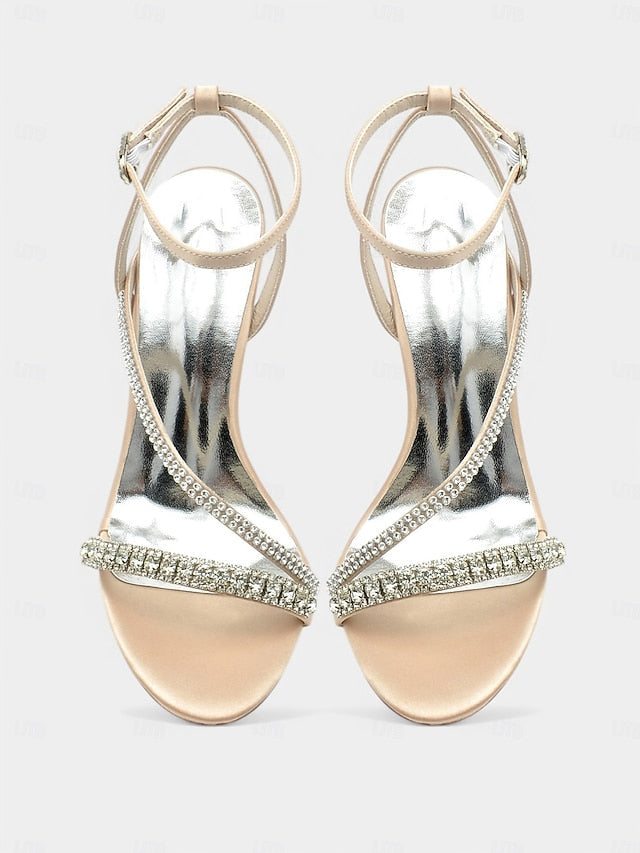 – Sophisticated Heels Strappy Champagne Satin Rhinestone FashionChic