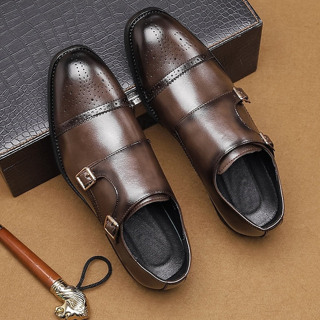 Double Men's Shoes Monk Strap Faux Brown with Dress Leather FashionChic