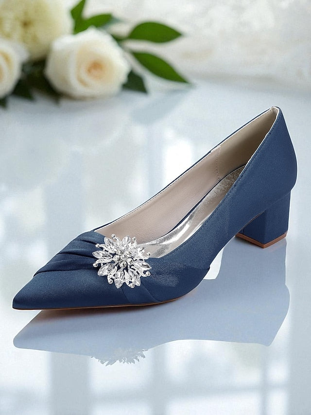 Block Heel Low Crystal Pumps Women's with White FashionChic