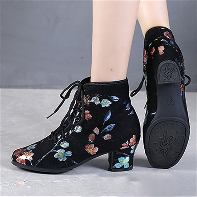 Floral Comfortable Women Lace-up – Black Low for Dance Shoes FashionChic