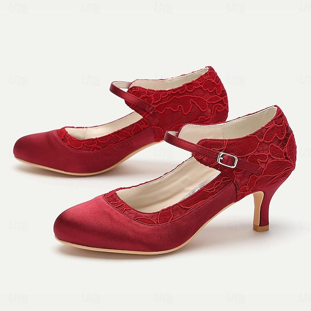 Heels Mid-Heel Satin Women's Lace - Elegant Comfortable Red FashionChic