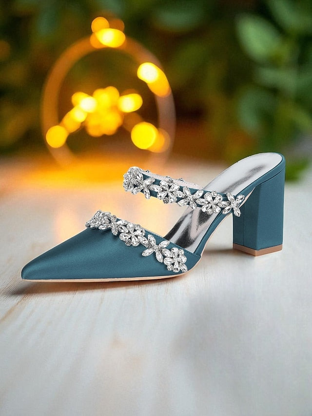 with Heel Mules Satin Floral Block Women's Black Rhinestone FashionChic