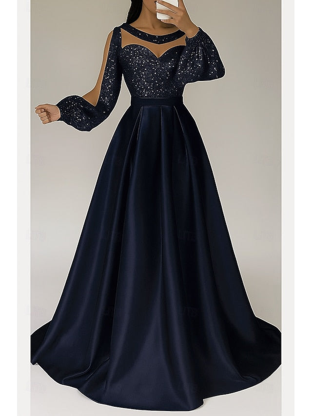 Elegant Evening Gown Black A-Line Sequined Red Dress Formal FashionChic