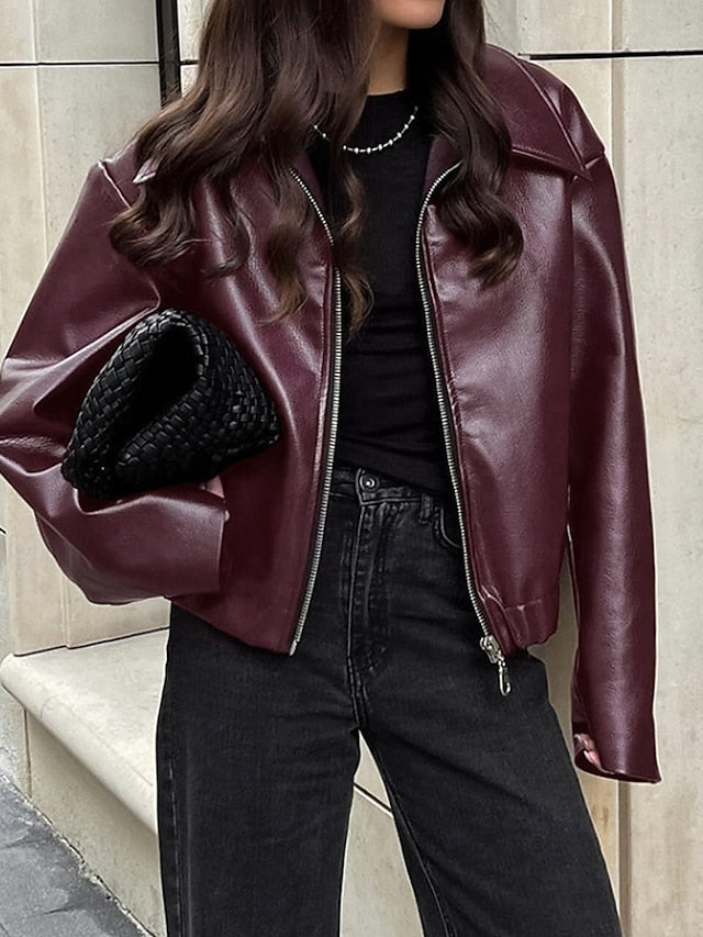 Faux Jacket Warm Women's Zipper Comfortable Pocket Leather FashionChic
