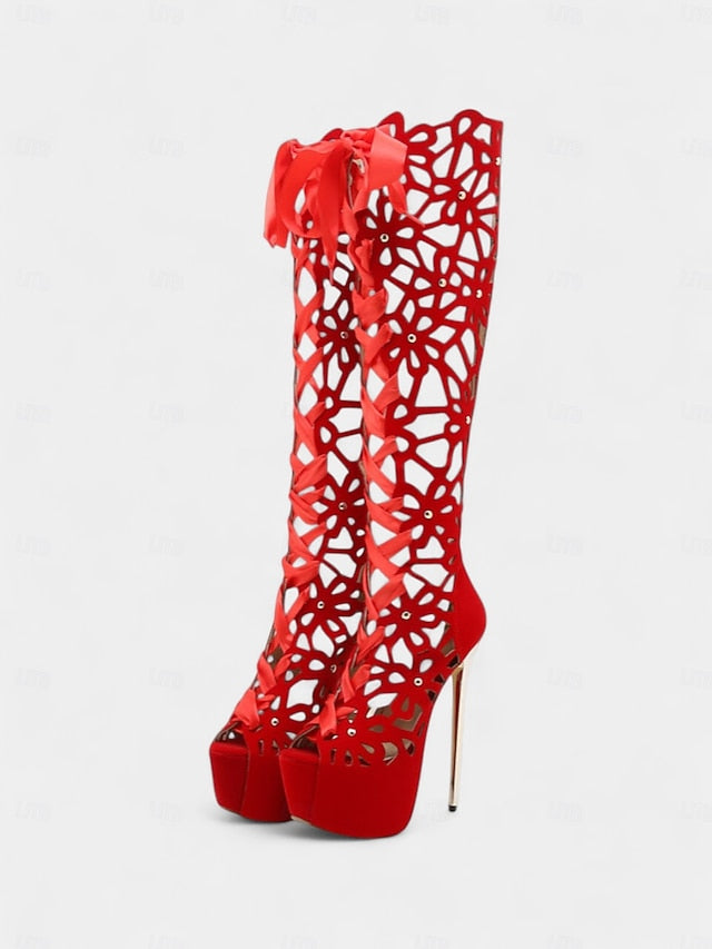 Sexy Stiletto Cutout High Peep Knee Platform Boots Women's FashionChic
