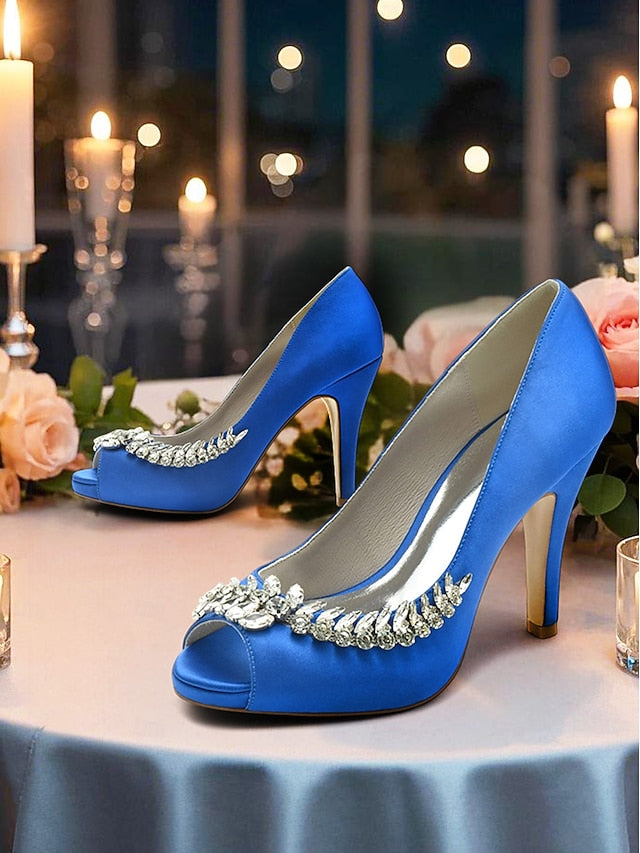 Peep-Toe Luxury – Embellishment Satin Crystal Blue with Heels FashionChic