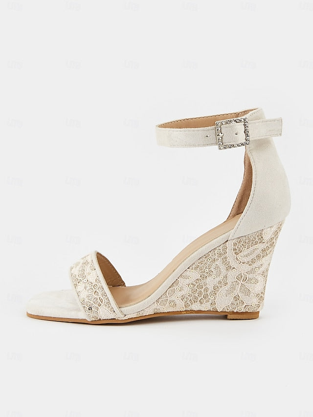 Stylish Ankle Women for Lace Strap Sandals White Wedge – Heel FashionChic