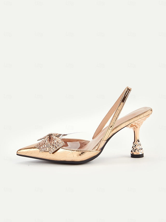 Bow Heels Quilted Gold Slingback with Women's Detail - FashionChic