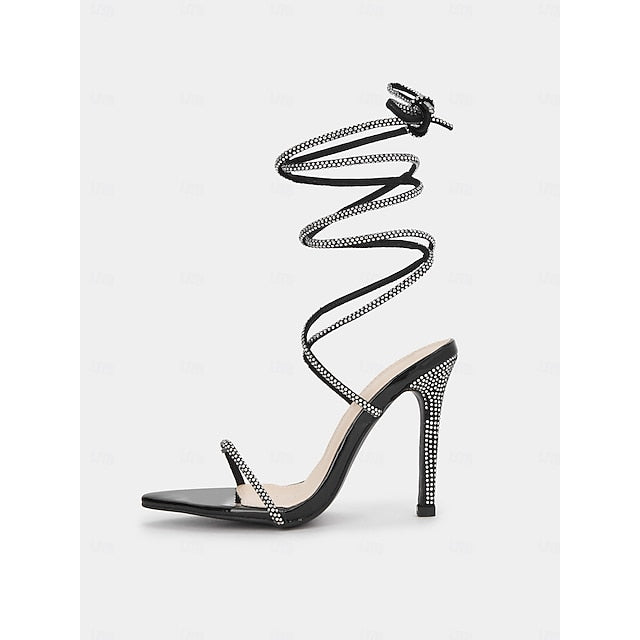 Sexy Stiletto Rhinestone Women's Lace-Up Sandals Black – FashionChic