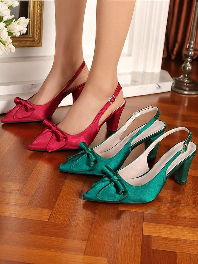 Bow Women's Heels Green with 1950s Satin Slingback Vintage FashionChic