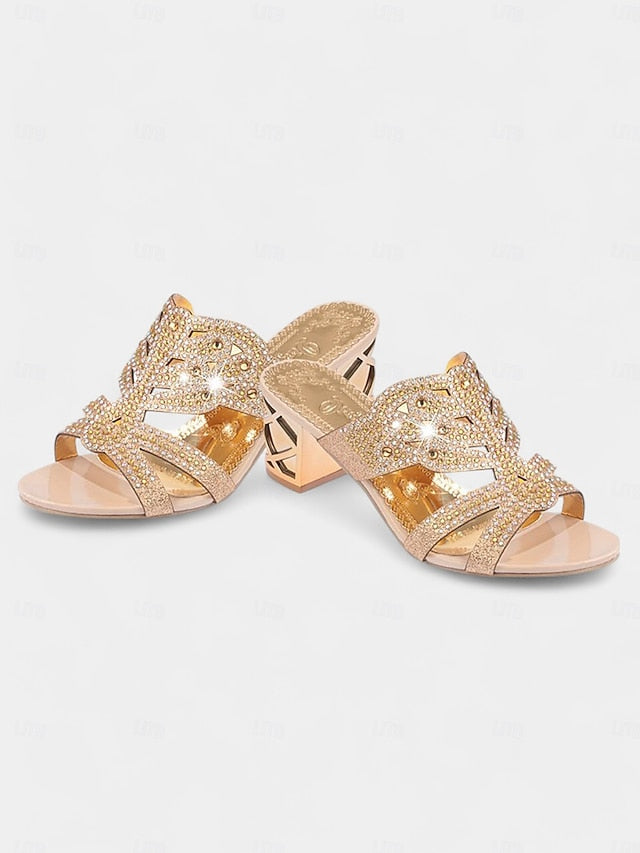 Embellished Green - Gold Rhinestone Sandals and Heeled FashionChic