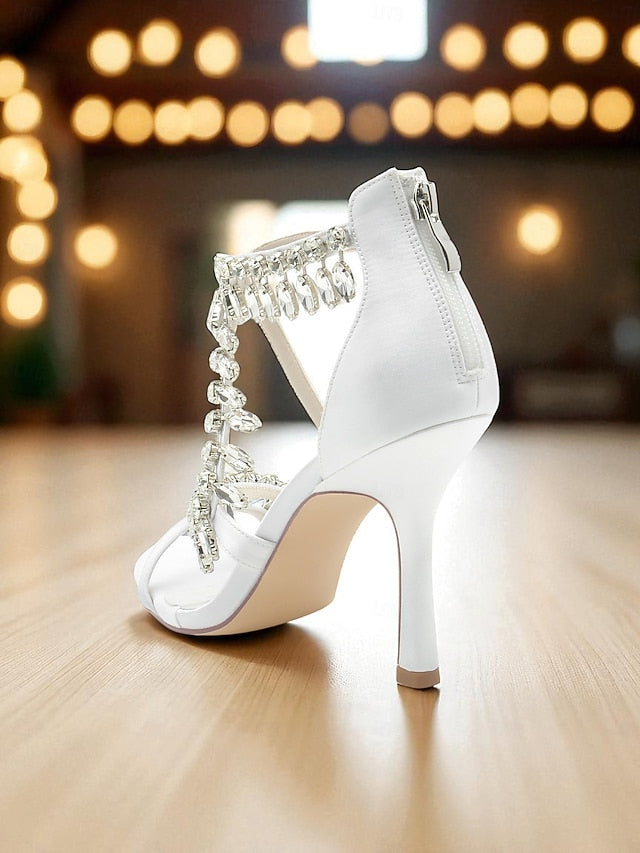 Rhinestone Strappy Heel Sandals Women's High White with FashionChic