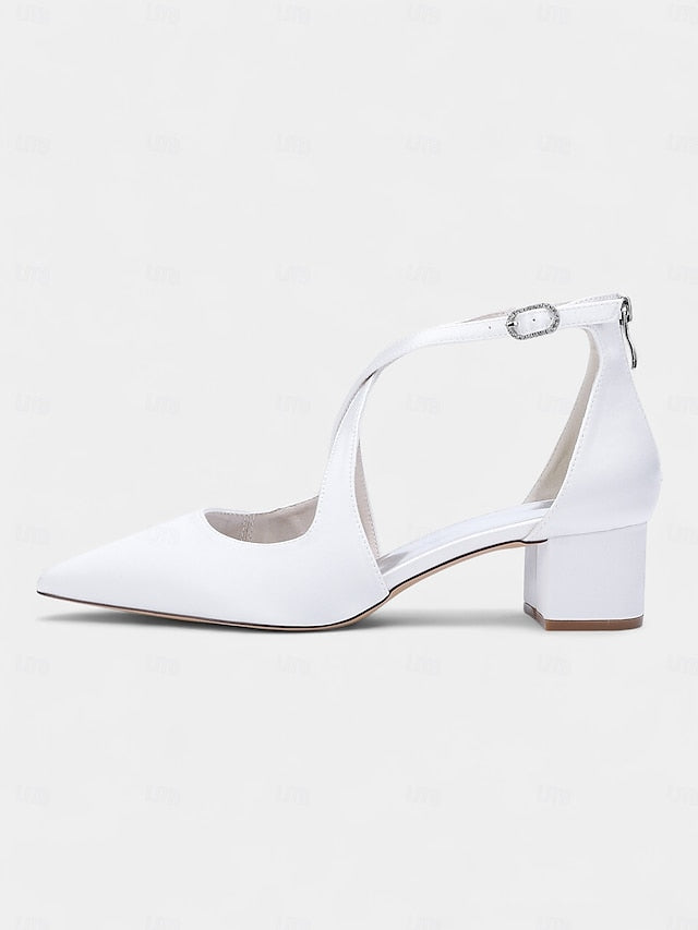 Satin - Block Pointed Toe Women's Heels Elegant Ivory FashionChic