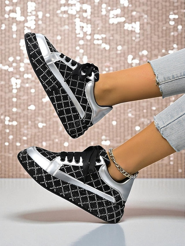 Silver Quilted Women's - Rhinestone Sneakers and Black FashionChic