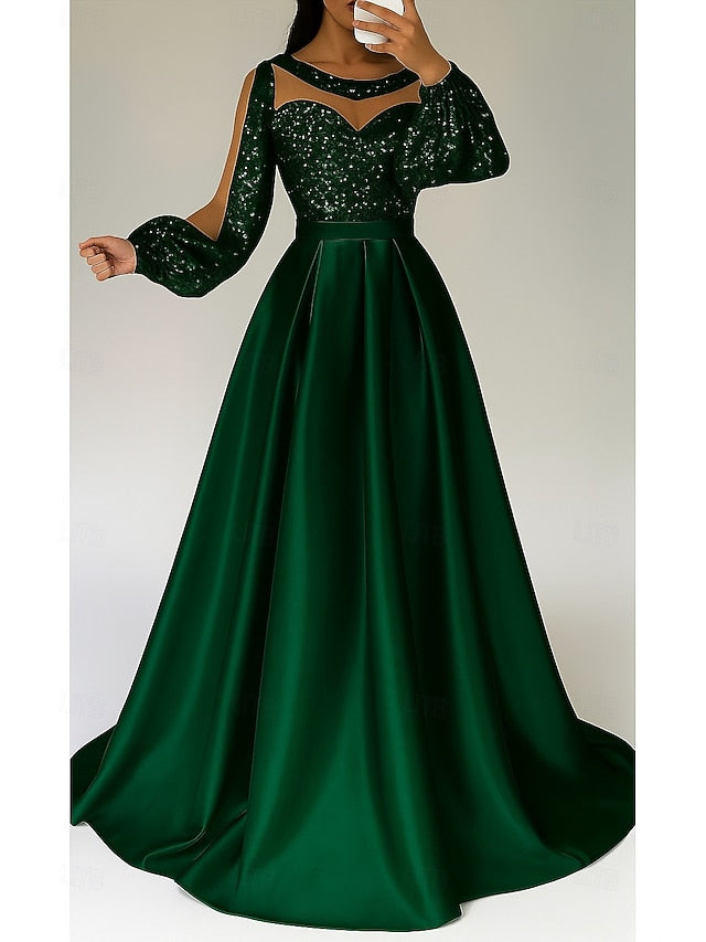 Elegant Evening Gown Black A-Line Sequined Red Dress Formal FashionChic