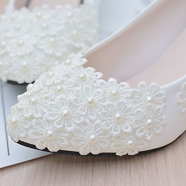 Lace Floral Women's White Wedding Pearl Heels – Decorated FashionChic