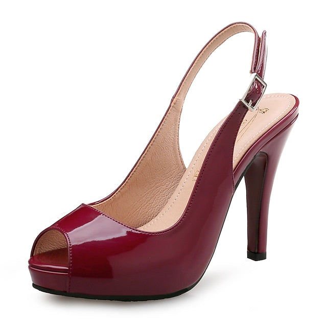 Heels Women's Black Slingback Leather Peep-Toe Patent High FashionChic