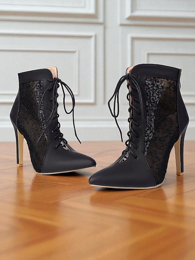 Women's Mesh Booties Ankle Lace Stiletto White Heels with FashionChic