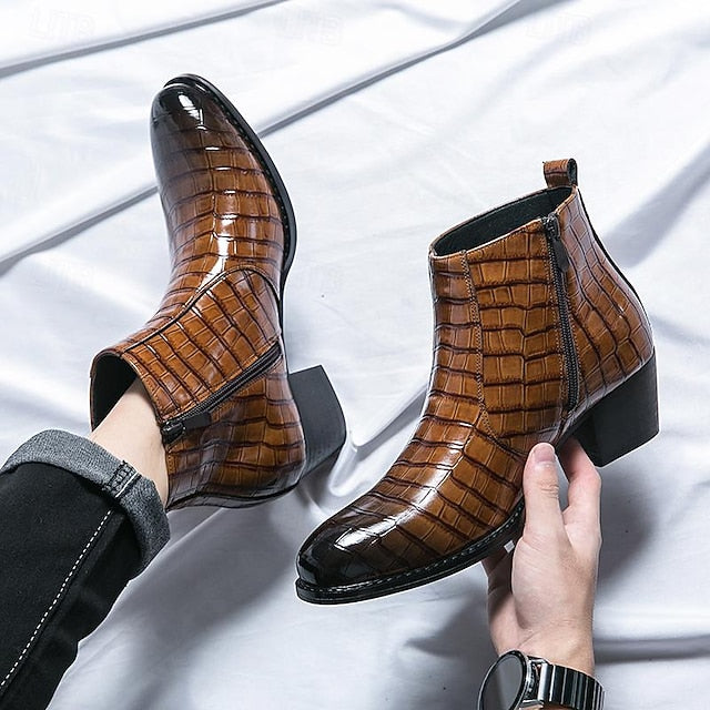 Leather - Faux Boots Men's Pattern Crocodile Ankle Brown FashionChic