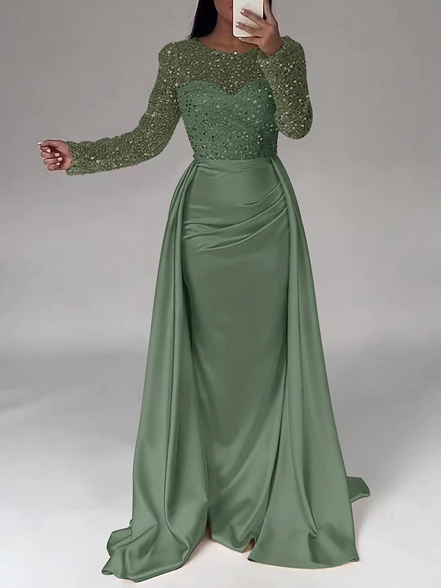 RuchedSatin Dress Sleeves Mermaid Gown Evening Sequin Long FashionChic