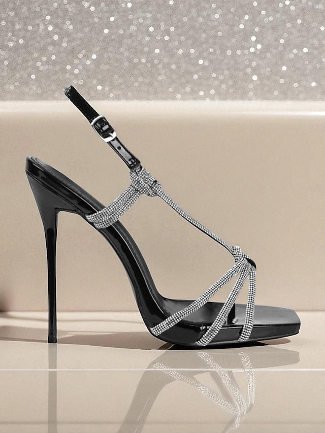Toe Heels Stiletto with Rhinestone Women's Square Strappy FashionChic