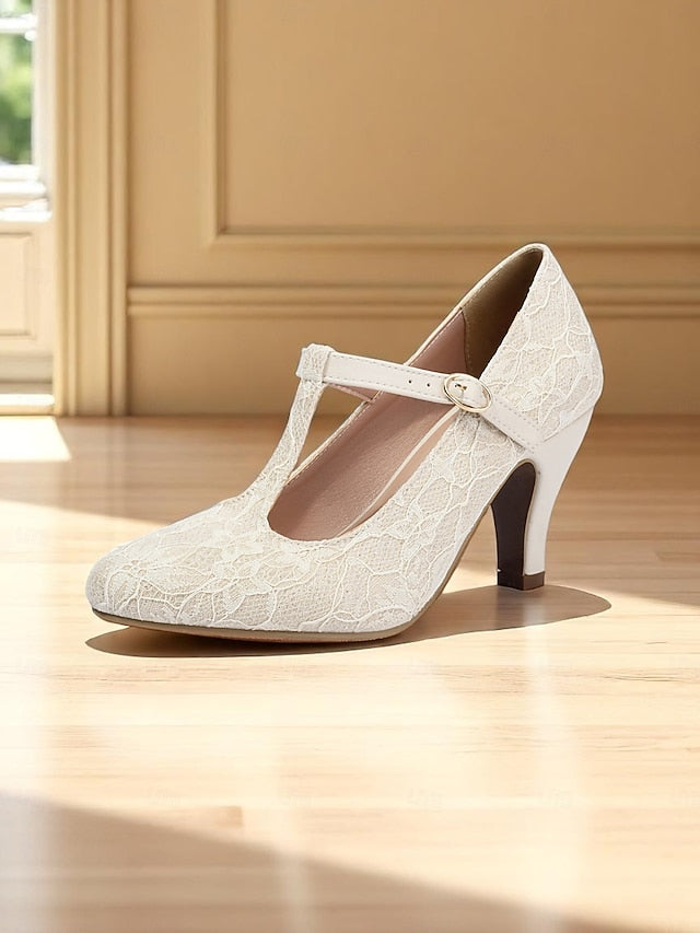 Vintage Women's Lace Heel Mid Ivory T-Strap Pumps-1920s FashionChic