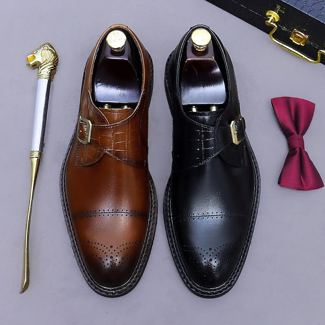 Dress Genuine Strap Black Men's Leather Monk First Shoes- FashionChic