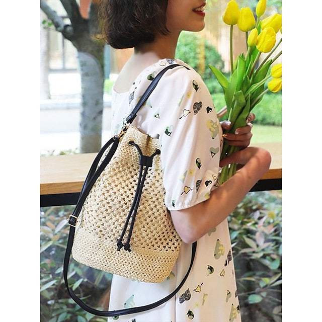 Bag - with Tote Women’s Summer Woven Drawstring Stylish Bucket FashionChic